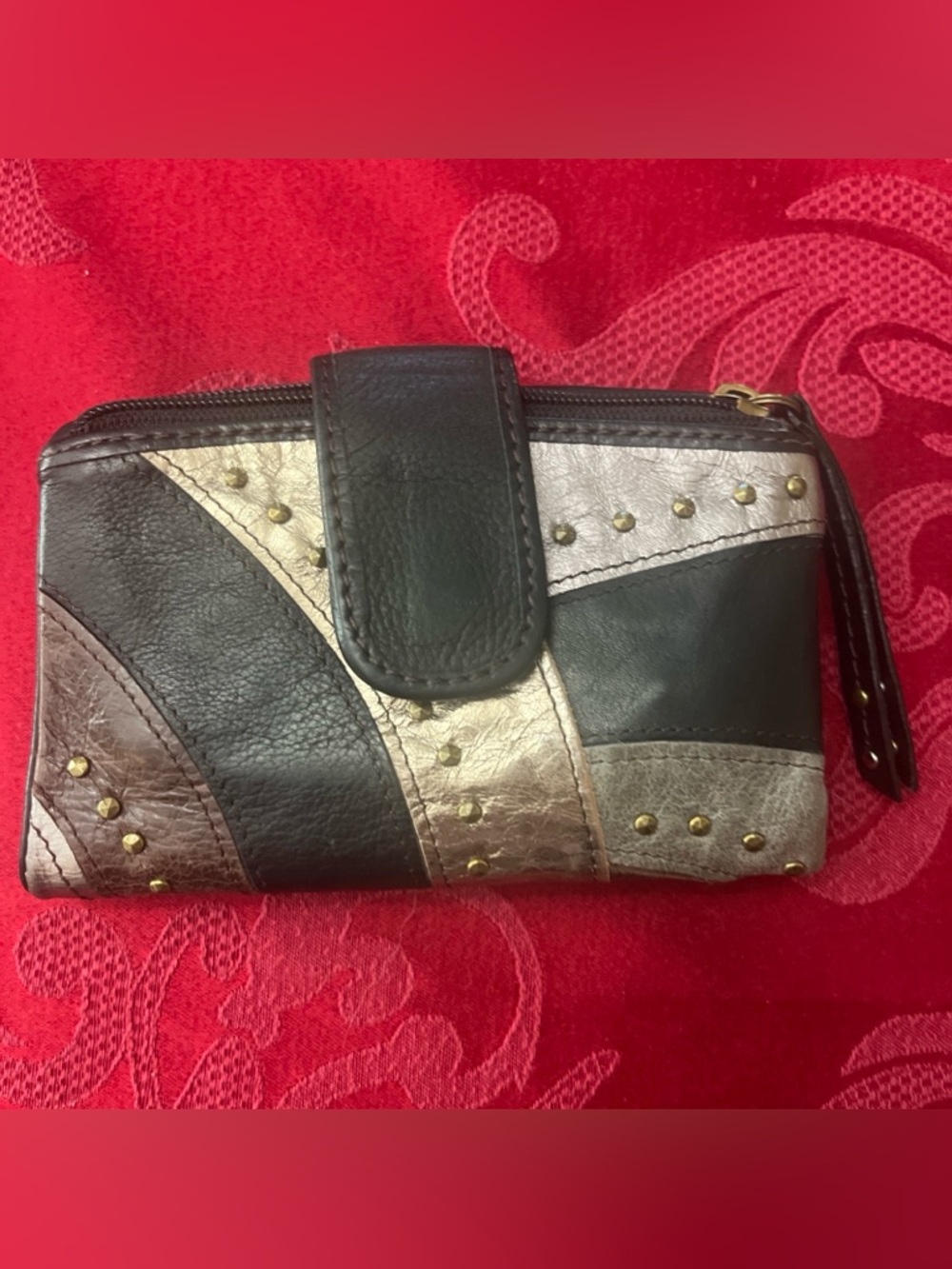 VTG Fossil Women's Wallet Black Silver Brown Pebbled Leather Studded Bifold Y2K